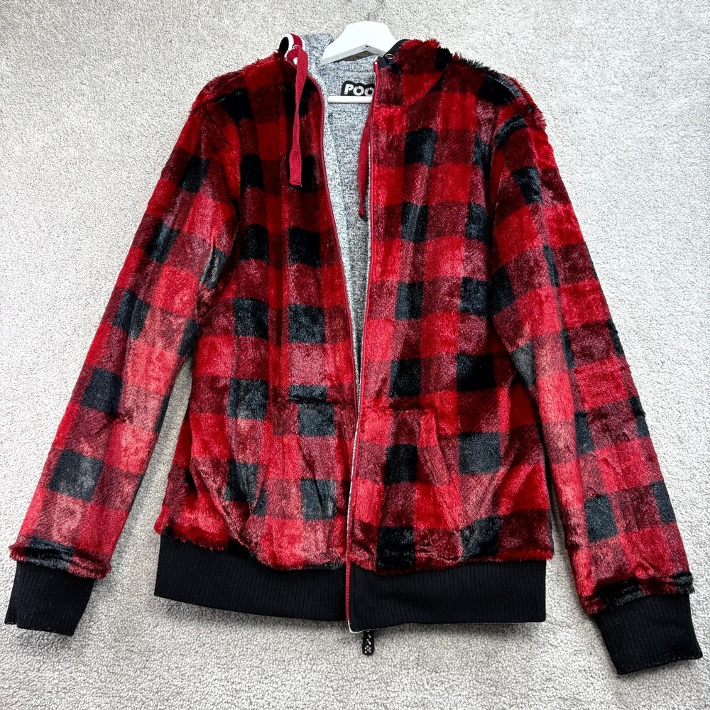 Pook Faux Fur Reversible Hoodie Men Medium Multi Red‎ Buffalo Plaid Gray Street